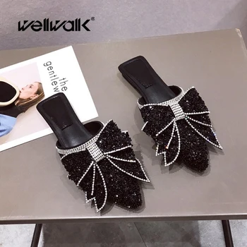 

Fashion Mules Slippers Women Flat Shoes Rhinestone Bow Knot Ladies Dress Slides Pointed Toe Summer Shoe Woman Slip On Loafers
