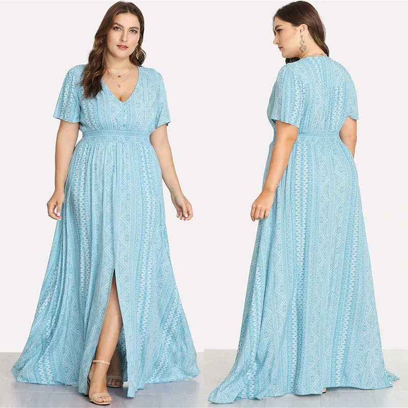 

Women Dress Plus Size Summer Short Sleeve Female Maxi Dress Light Blue Geometric V Neck Lady Robe Vestidos Long Dress Elegant
