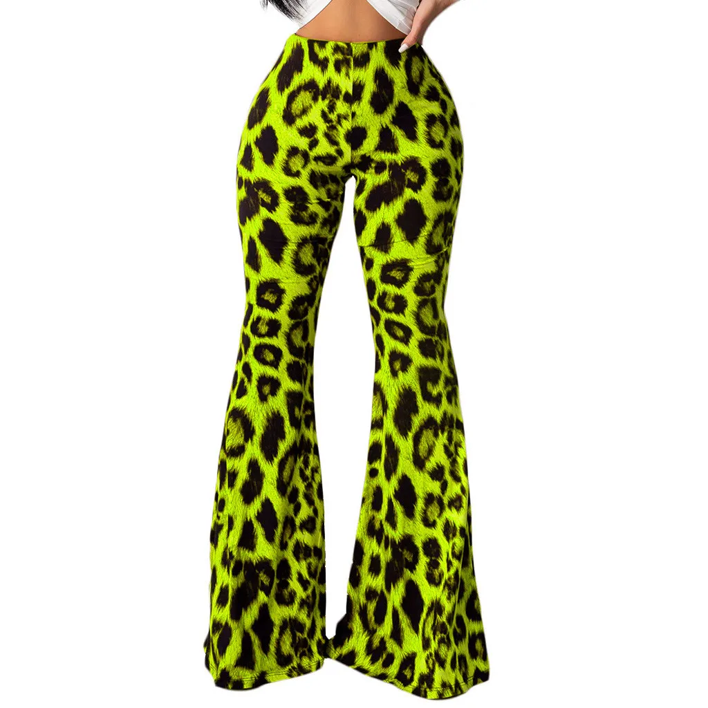 Леопардовая расцветка, женские сексуальные расклешенные штаны, широкие, обтягивающие, длинные штаны, элегантные, женские, зимние, с высокой талией, узкие брюки с оборками