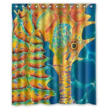 

Unique Watercolor Yellow Seahorse Blue Wave Home Decor Shower Curtain Sets with Hooks Polyester Fabric Great Gift