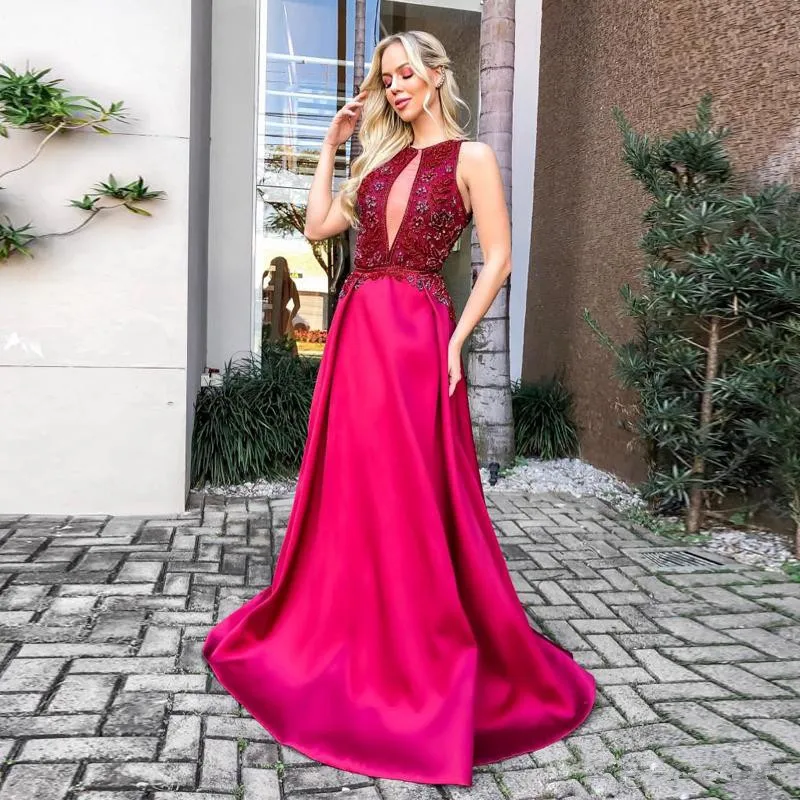 

Customized A Line Satin Prom Dresses Jewel Neck Beaded Crystal Pleat Skirt Evening Party Dresses Sweep Train Formal Gown