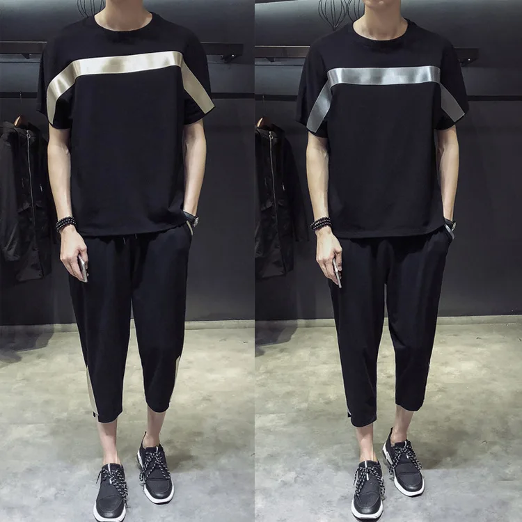 

Summer Short Sleeve T-shirt Men's Slip-Set Collocation Korean-style Loose-Fit Cool Handsome Students Half Sleeve Capri Pants Two