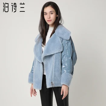 

PTSLAN 2019 Women's Real Wool Fur Jacket Duck Down Coat Hooded New fashion