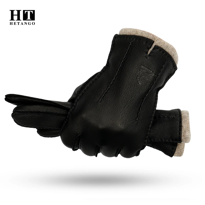 New Winter Men's Leather Gloves High-Grade Deerskin Hand-Sewn Warm Wear-Resistant Wave Pattern Cold-Proof Mitten 70% Wool Lining