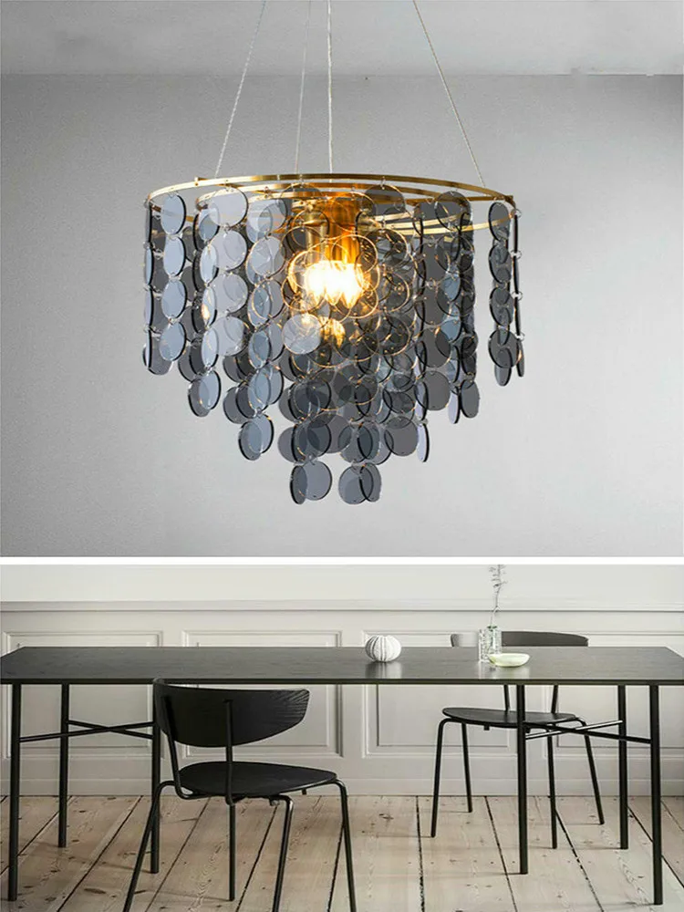 

Postmodern Luxury Copper Crystal Chandeliers Nordic Interior Decoration Lighting Restaurant Bar Office Smoke Gray Hanging Lamps