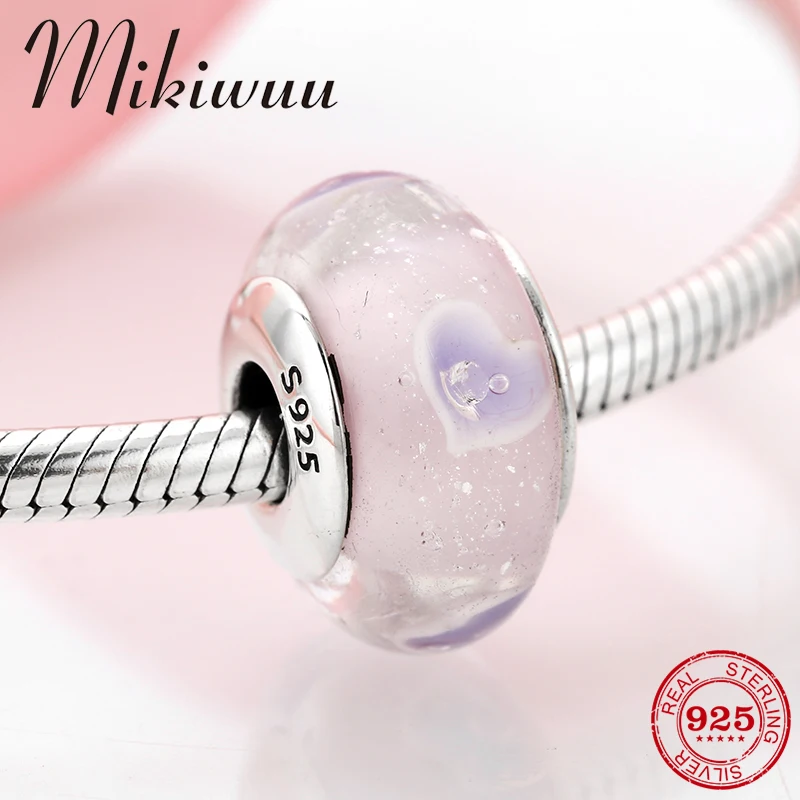 

New Authentic 925 Sterling Silver Purple Heart Petal Pink Murano Glass Beads Fit Original Pandora Charms Bracelet Jewelry making