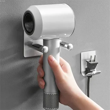 

New Style Wall Mounted Bathroom Hair Dryer Holder with Socket Holder Space Aluminum Wall Hanging Rack for Bathroom Appliance