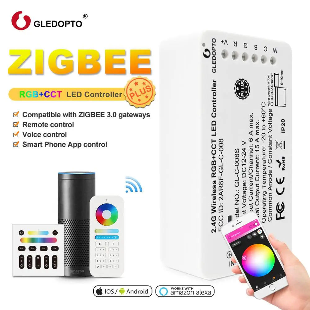 Tanie GLEDOPTO ZigBee 3.0 + 2.4G RF RGB + wtc doprowadziły kontroler taśmy plus DC12 24V praca z zigbee bramy alexa echo plus kontrola aplikacji