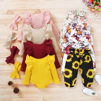 

Newborn Baby Girls Clothes Flower Pattern Long Sleeve Bodysuit+Pants+Headband Toddler 3Pcs Baby Girl Outfits Infant Clothing Set