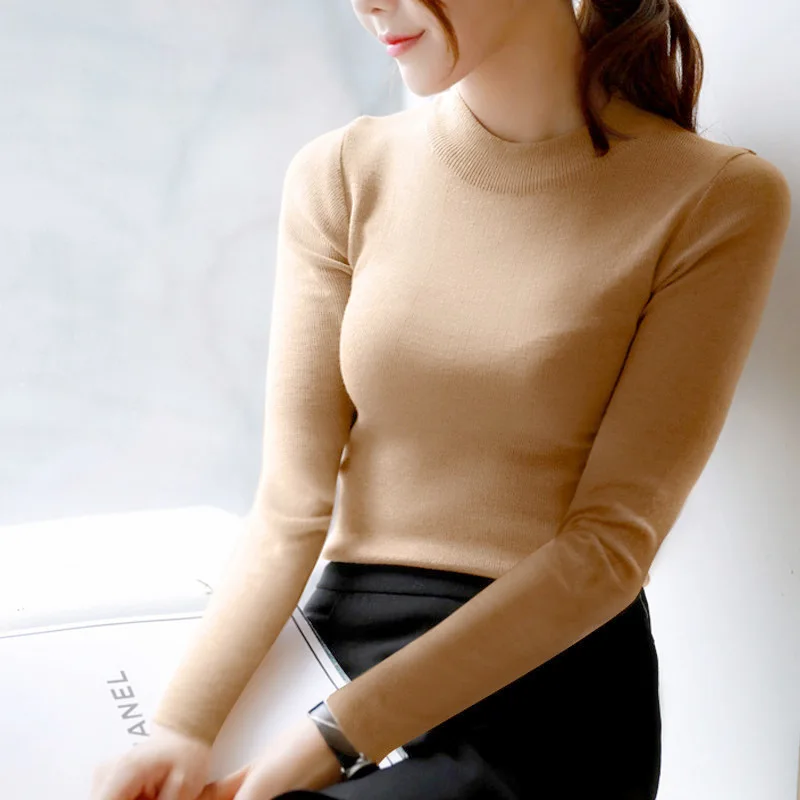 Autumn Winter Women Pullovers Sweater Knitted Elasticity Jumper Slim Half Turtleneck Warm Female White Black Sweaters | Женская одежда