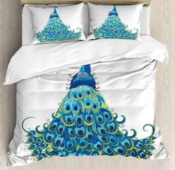 

Peacock Duvet Cover Set Peacock Illustration Floral Classical Curvy Design Tropics Wildlife Theme Decorative 3 Piece Bedding Set