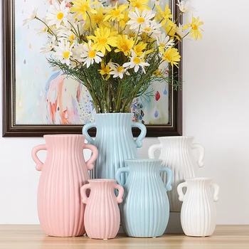 

Nordic Simple ceramic vase Double Handle Hydroponic Flower Vases Artificial Flower Bottle tabletop Home Wedding Decorations