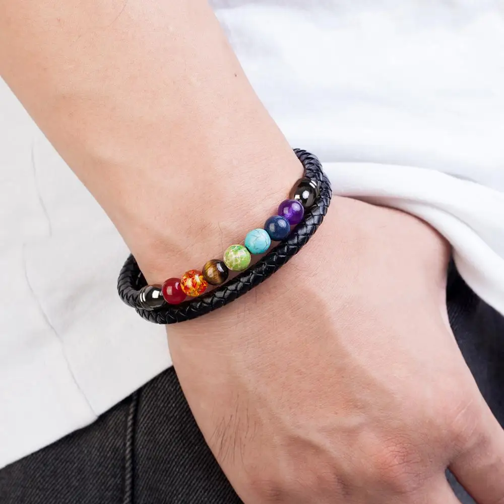 Bracelet Jewelry Chakra Men Bracelet 7 Color Natural Yoga Healing Stone Beads Bracelets Black Genuine Leather