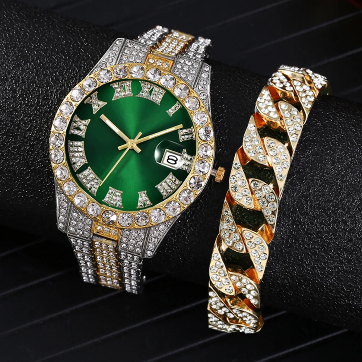 Mens Watches Set Luxury Hiphop full Iced Out Watch Gold Diamond Rhinestone  Watch With Belt Wallet Tie Sunglass Gift Box For Male - AliExpress