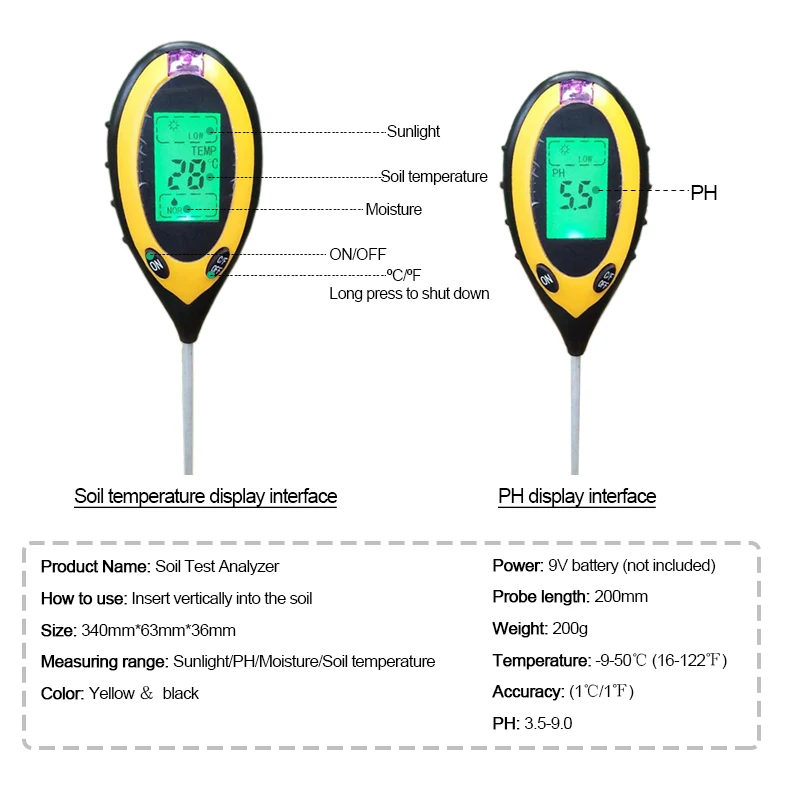 Профессиональный 4 в 1LCD почвенный рН-метр, тестер рН-влажности, измеритель температуры, интенсивности солнечного света, измерение, анализ кислотности почвы