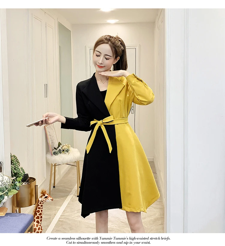 Фотосессия осень стиль корейско-Стиль Slim Fit Совместное контраст Цвет средней длины, женские сапоги выше колена; пальто с поясом Для женщин