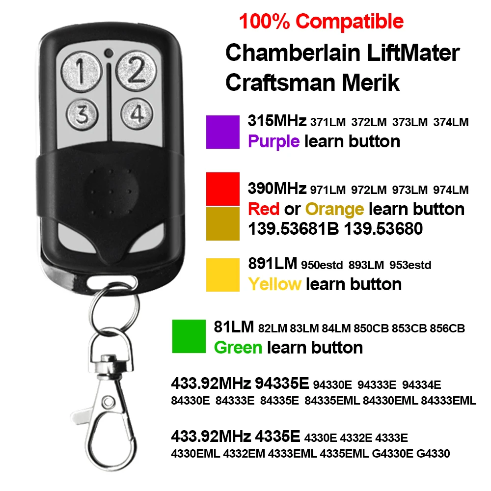 10x Garage Remote Control Chamberlain LiftMater Craftsman Merik Purple  Yellow Red Orange Green Learning Button 315 390 MHz AliExpress