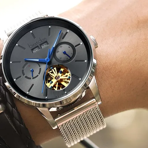 Switzerland люксовый бренд Bestdon Мужские механические часы со скелетом из полной стали Мужские часы с автоматическим подзаводом reloj hombre relogio masculino - Цвет: Silver grey D7146