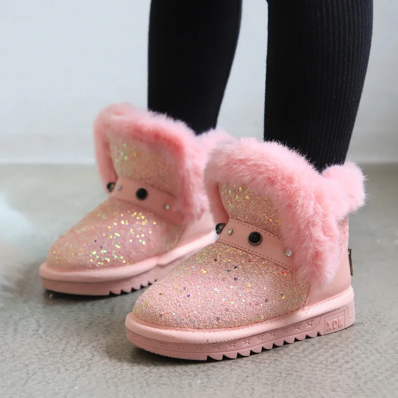 Детские зимние ботинки; Новинка года; модные ботинки на кроличьем меху для девочек; детская хлопковая обувь; ботинки из натуральной кожи с блестками; B419 - Цвет: Розовый