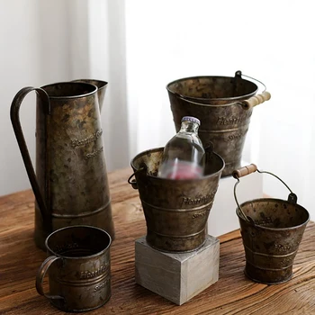 

Vintage Metal Iron Barrel Decor Tray With Handles Fruit Food Storage Basket English Printing Iron Bucket Home Storage
