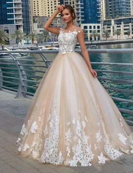

Ruby Bridal Champagne Tulle Appliques Ball Gown Wedding Dresses 2020 Scoop Bridal Gown Zipper vestido de noiva свадебное платье
