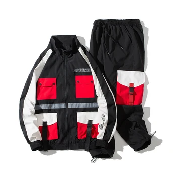 

2019 Autumn Style Men Streetwear Tracksuit Men Jackets and Coats Ribbons Hip Hop Pants Sporting Mens Clothing