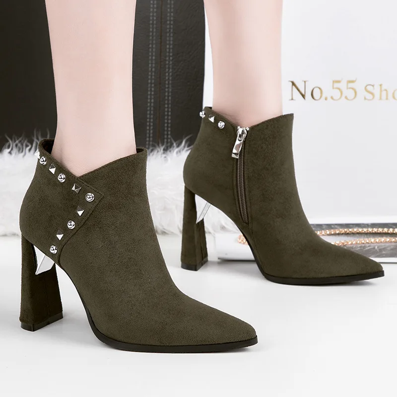 

Sexy Ankle Flock Basic Boots Women Pointed Toe Rivet Solid Boots Super High Square Heel Zip Winter Shoes Plus Size