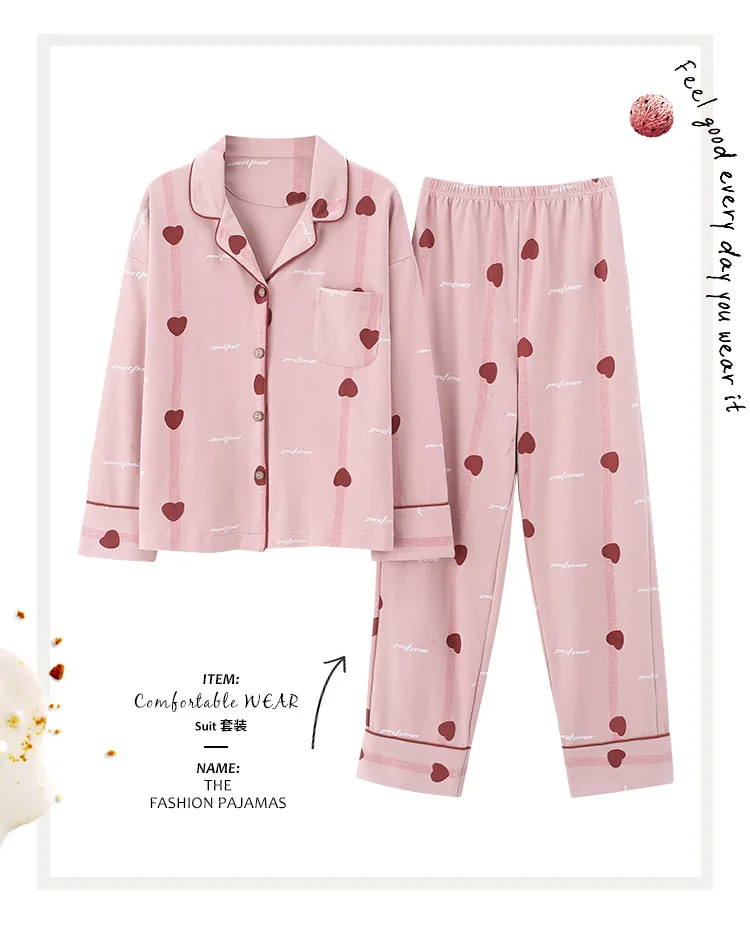 Autumn Winter Cotton Printing Lapel Top+ Long Pant 2 Piece Sets Pajamas Set For Women Cute Sleepwear Pyjama Puls Size Homewear