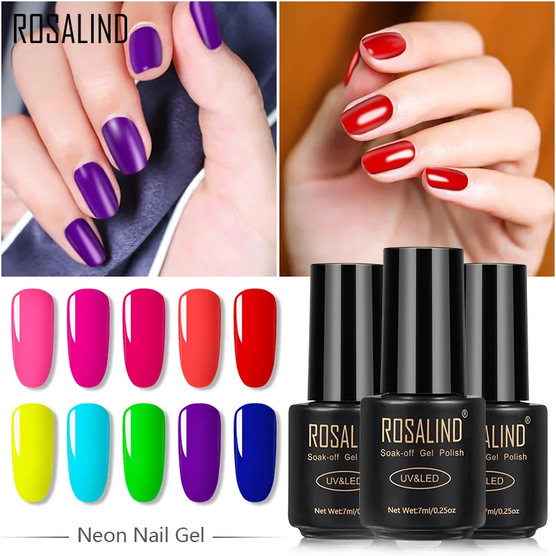 

ROSALIND Neon Nail Gel Polish Set For Manicure UV LED Primer Top Coat Nail Art Gel Nail Polish 7ml Soak off varnish