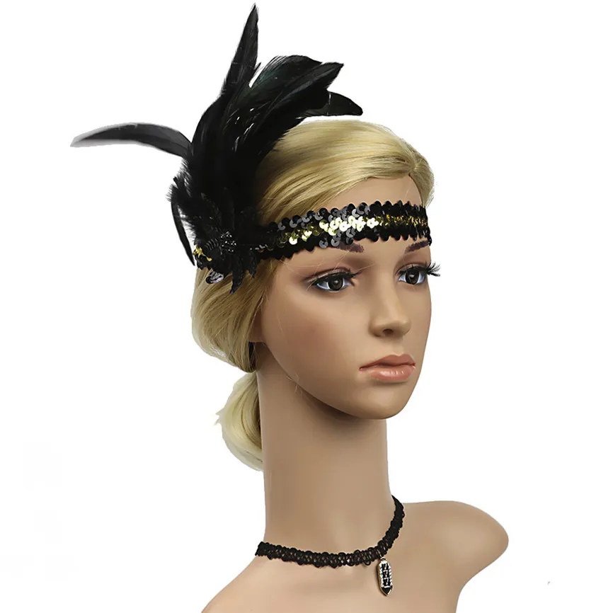 Головная повязка с перьями и хлопушкой Prettyia 1920s аксессуары с кристаллами и бисером свадебный головной убор Гэтсби ободок с перьями павлина