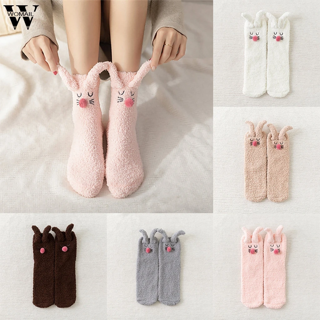 Новинка; флисовые Носки кораллового цвета; 1 пара; модные мягкие гольфы с милыми заячьими ушками для сна; повседневные домашние теплые удобные гольфы