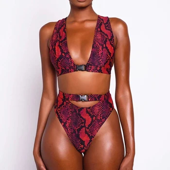 

Buckle High Waist Bikini Set 2020 African Swimwear Women Swimsuit Sexy Red Snake Print Bathing Suit Female Bikinis Brazilian