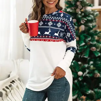 

Women Autumn Round Neck Christmas Matching Printed Patchwork Pullover T-shirt