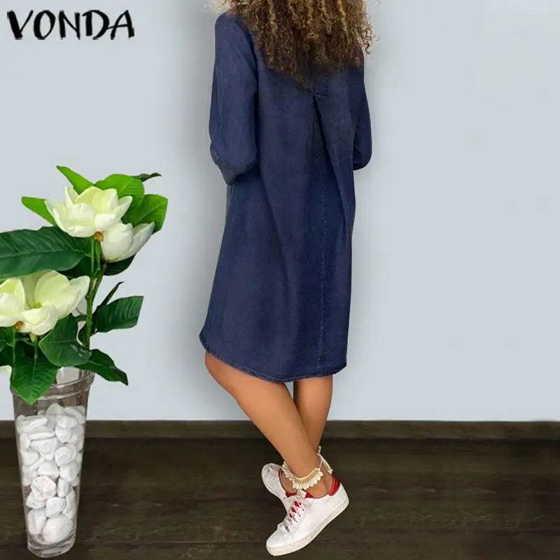 VONDA/джинсовое платье выше размера d пуловер длиной до колен с v-образным вырезом праздничные короткие платья; пляжный сарафан больших размеров S-5XL