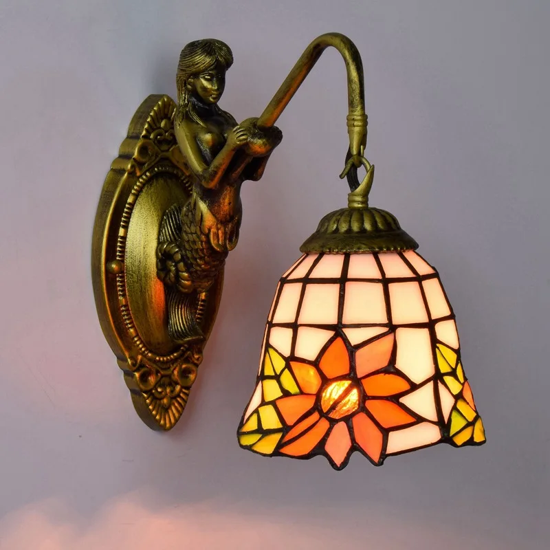 

Dia15cm Sunflower Wall Lamp Art Mermaid Body Stained Glass Shade Lights Corridor Bar Wall Sconce Bathroom Mirror Front Light