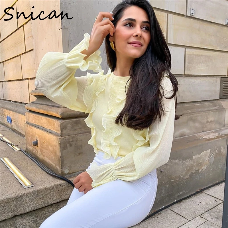 

za women blouse fashion yellow knitted patchwork lace chiffon ruffle blouse summer ladies tops femme chandails fashion shirts