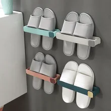 

Bathroom Slippers Rack Multifunctional Punch-free Wall Hanging Shelves with Hooks Kitchen Organizer to Save Space