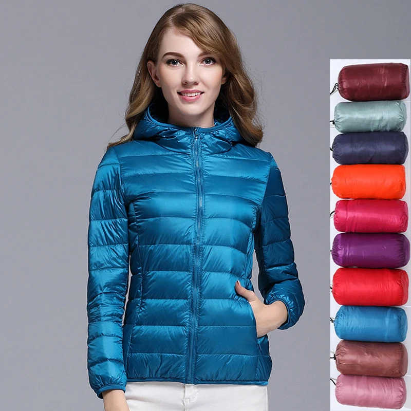 Chaqueta de plumón de pato con capucha para mujer, parka ultraligera de manga larga, Color caramelo, Color blanco, 90%