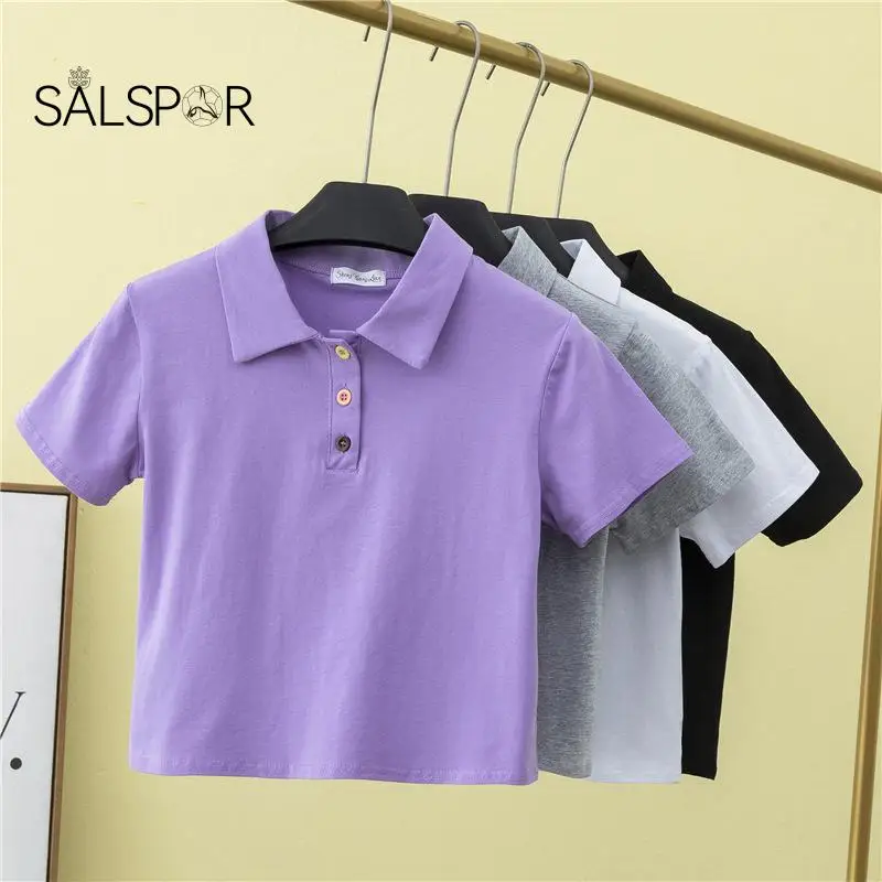 SALSPOR Polo Shirt Short T-Shirt Women Korean Style High Waist Lapel White Crop Top Female Tops Drop Shipping | Женская одежда