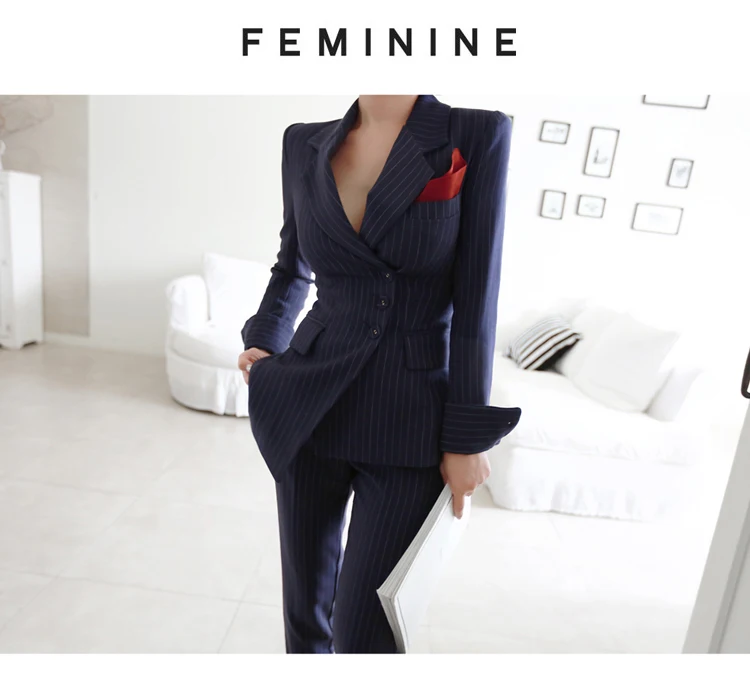 Women Fancy Striped Pants Suits Single Breasted Blazer Blazer and Slim Pencil Pants 2-Piece Set Women Business Suits