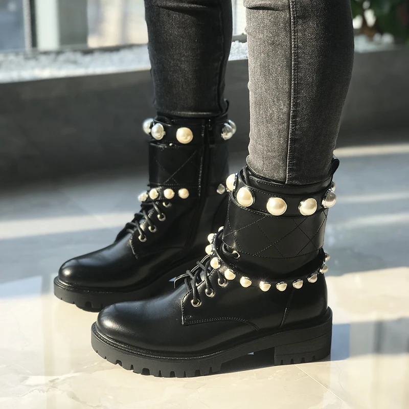 de cuero negro para mujer, zapatos con perlas, de pico plano, talla 41, para otoño y primavera|Botas hasta el tobillo| - AliExpress