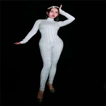 

T62 Female white pearl jumpsuit stage dance costumes party wears full crystal leotard tights elastic perform outfit birthday ds