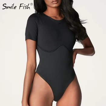 

Solid Bodysuits Casual Bodycon 2020 Women Sheath White Black Rompers O-Neck Khaki Body Tops Mujer Short Sleeve Outwear G1486