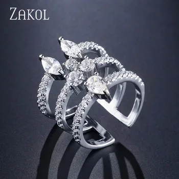 

ZAKOL New Fashion White Color Ring AAA Cubic Zircon Stone Open Ring Wide Hollow Jewelry For Female FSRP245