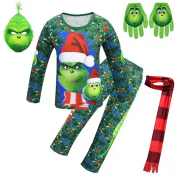 

Green Mob Funny Movie Gch Stole Christmas Party Cosplay Costumes Sets Mask gloves Scarf Christmas Costumes For Kids Chidren