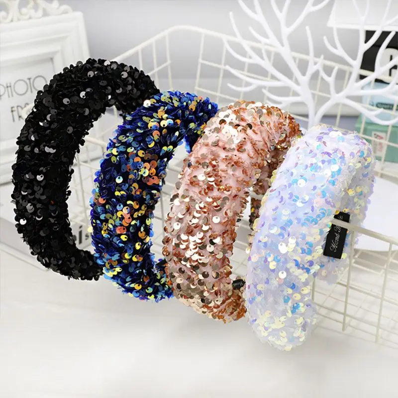 

Women Girl Glitter Sequins Wide Headband Reflective Colorful Sponge Padded Hair Hoop Dance Party Styling Thick Boutique Headwear