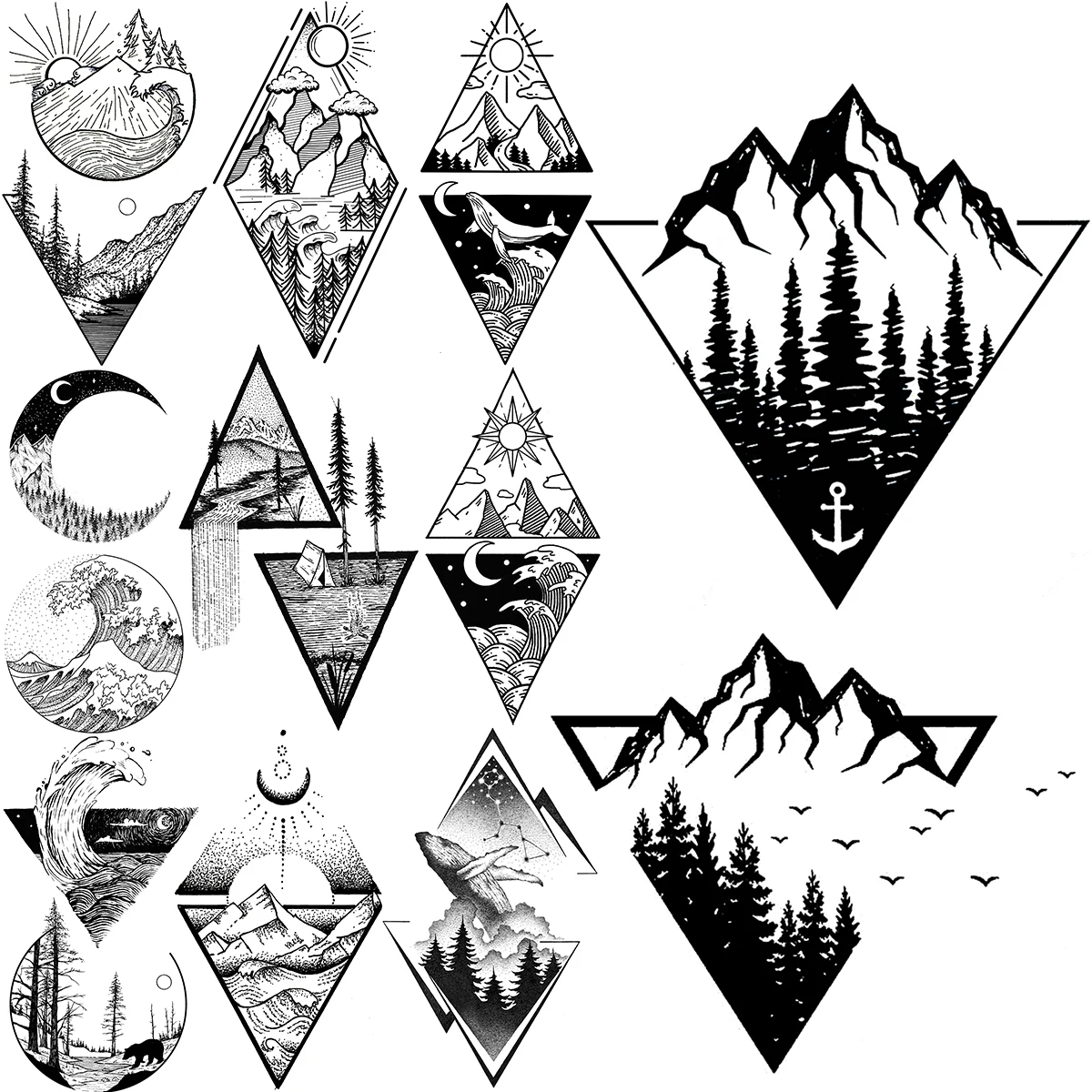 

Black Mountain Temporary Tattoos For Adults Men Realistic Ocean Wave Whale Geometric Fake Tattoo Sticker Leg Hand Tatoos 3D