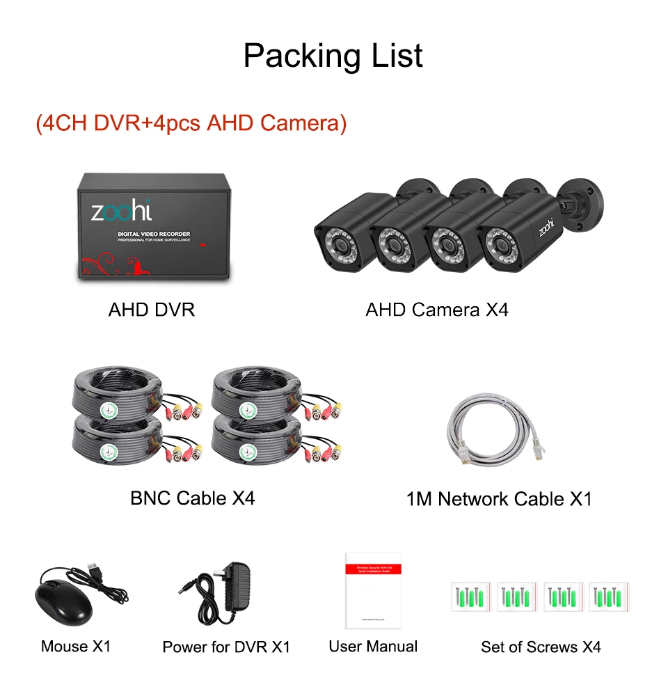 Zoohi AHD DVR комплект система видеонаблюдения 4CH 720 P/1080 P AHD наружная Водонепроницаемая цилиндрическая камера P2P комплект видеонаблюдения система безопасности