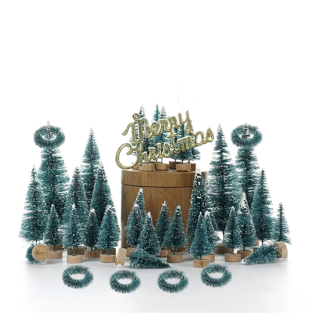 

55Pcs Small DIY Christmas Tree Fake Pine Tree Mini Sisal Bottle Brush Christmas Tree Santa Snow Frost Village House navidad