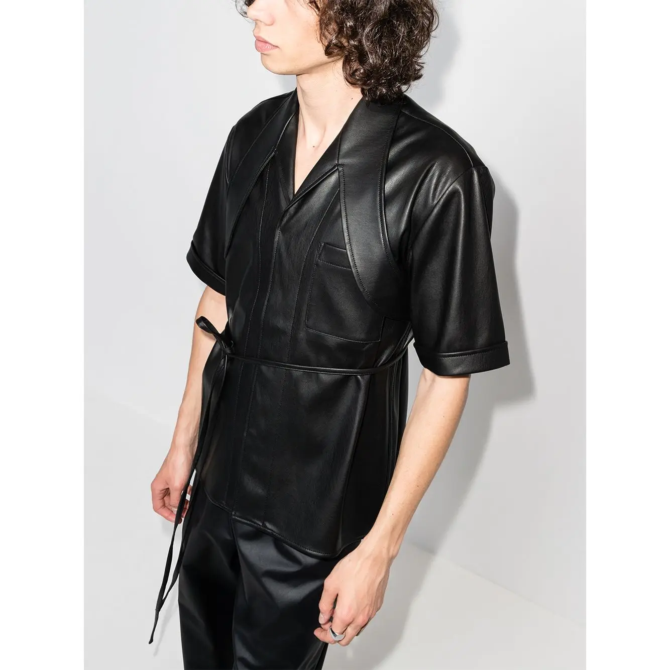 

S-6XL 2021 New Men Women's clothing Show Original PU short sleeve casual Shirt Plus size Stage costumes